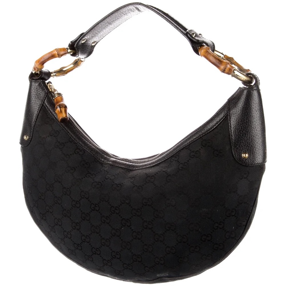 Black Gucci print hobo style shoulder bag with bamboo handles